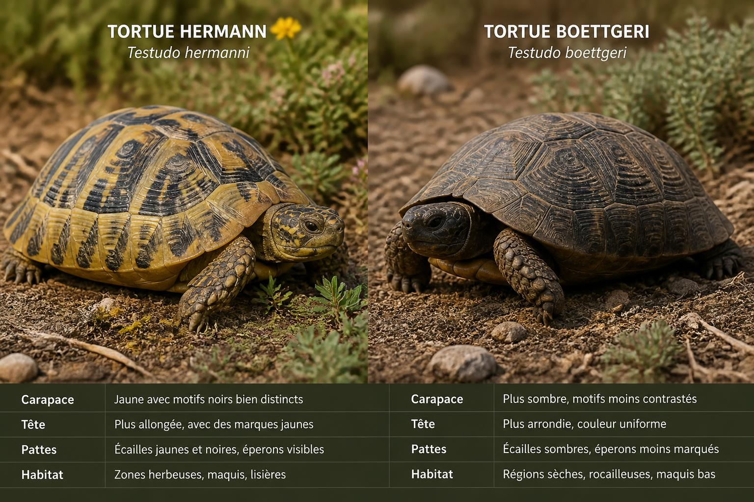 découvrez les principales différences entre la tortue hermann et la tortue boettgeri dans ce guide complet, idéal pour les propriétaires de reptiles souhaitant mieux connaître et soigner leurs animaux.