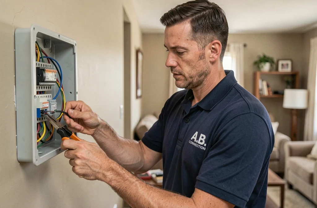 Spécialiste A.B. Connection raccordant des câbles dans un boîtier électrique à Montreuil