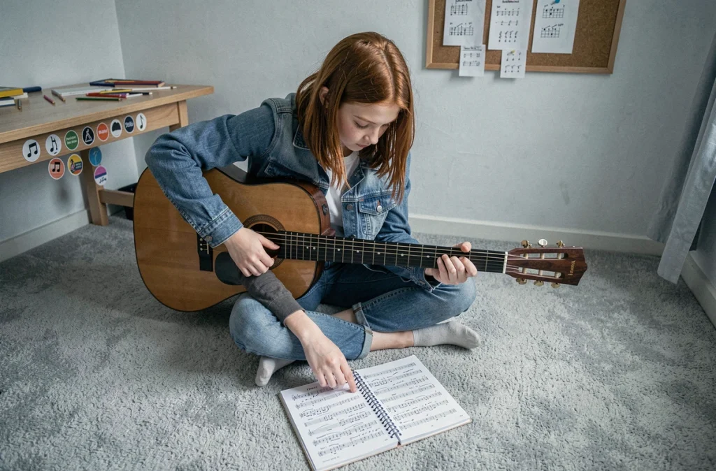 Adolescente jouant de la guitare classique en consultant un recueil de partitions simplifiées sur le sol de sa chambre