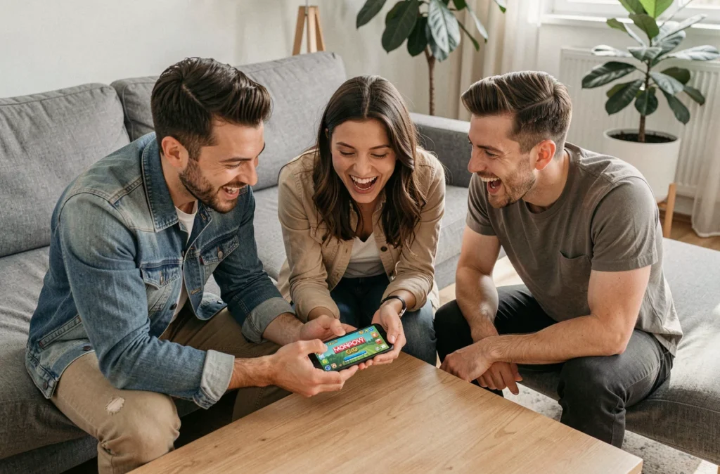Groupe d'amis réunis dans un salon regardant Monopoly Go sur un téléphone avec des dés posés sur la table