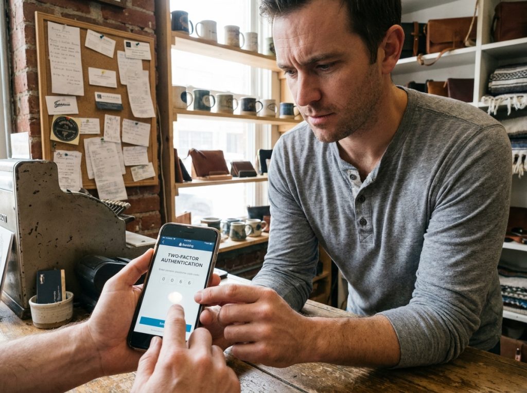 Artisan commerçant validant une authentification forte sur smartphone pour un paiement conforme à la DSP2