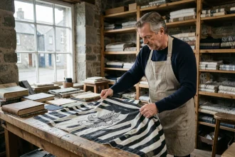 Artisan breton dépliant le drapeau Gwenn-ha-Du dans un atelier de textile historique en Bretagne