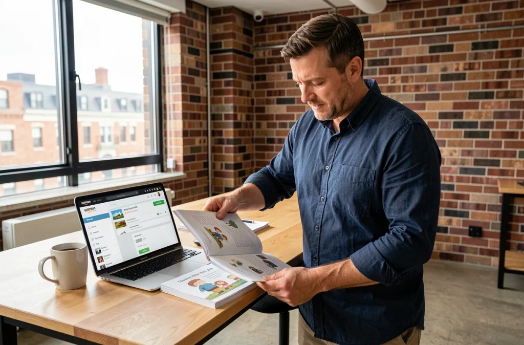 Auteur indépendant consultant le tableau de bord Amazon KDP sur tablette avec des pages imprimées de livre jeunesse sur son bureau