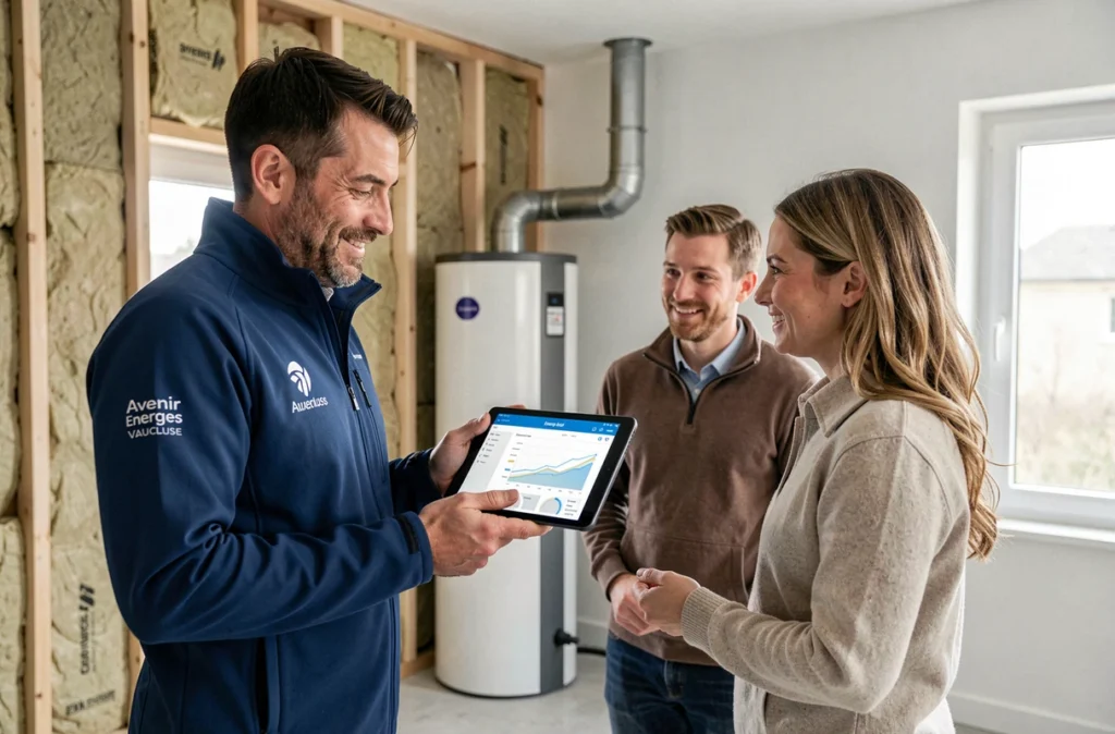 Conseiller Avenir Energies Vaucluse présentant un bilan énergétique sur tablette à des propriétaires