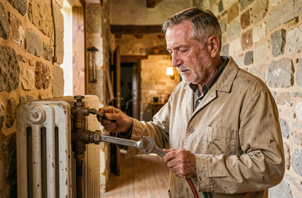 Artisan chauffagiste expérimenté Boillot Jean-Claude inspectant une valve de radiateur ancien dans une ferme provençale