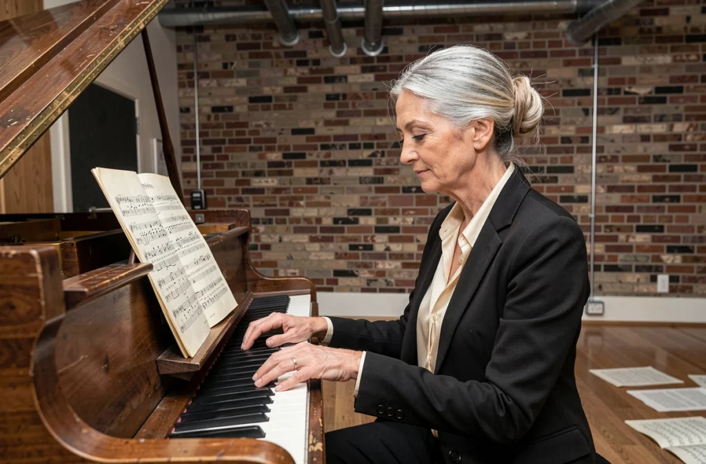 Célèbre cantatrice aux cheveux argentés étudiant une partition musicale dans un studio de répétition avec piano à queue