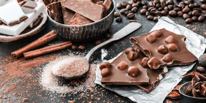 Chocolat and spices on black table