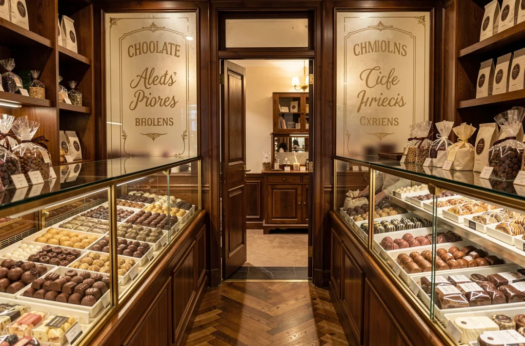 Intérieur d'une chocolaterie artisanale d'Amiens avec vitrines en bois et confiseries élégantes, symbole de la famille Trogneux et de son héritage commercial discret
