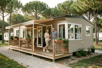 Couple examinant l'extérieur d'un mobil-home moderne dans un camping verdoyant en France