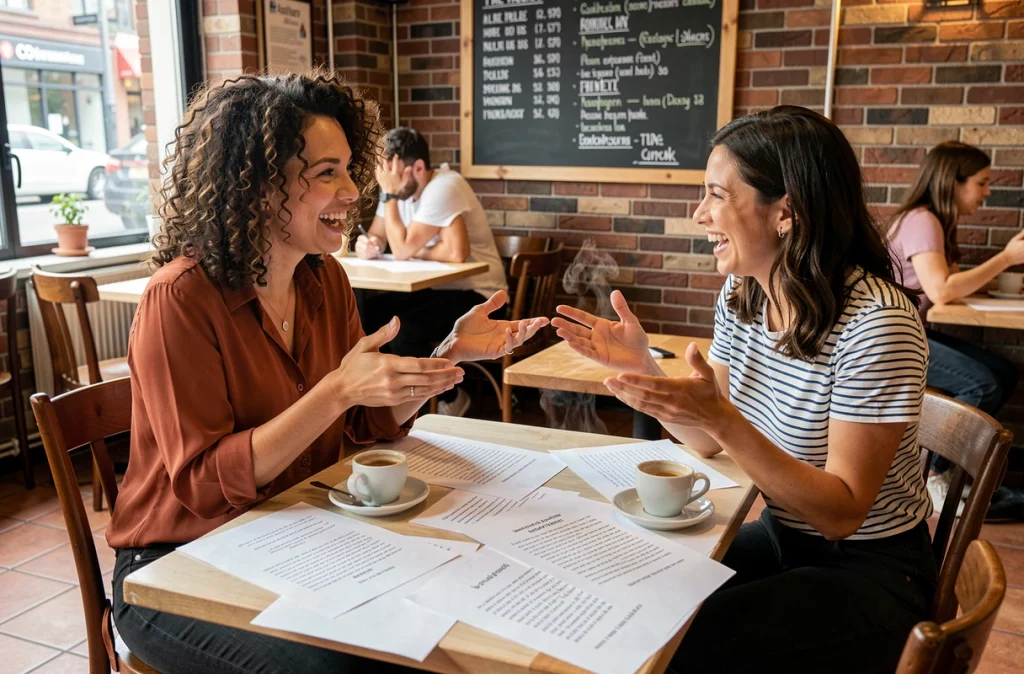 Deux femmes collaborant sur des rimes poétiques autour de brouillons de poèmes dans un café urbain