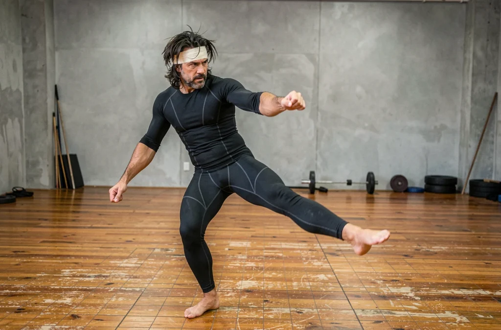Combattant de arts martiaux en bodysuit noir exécutant un coup de pied balayé dans un dojo aux planchers en bois usé