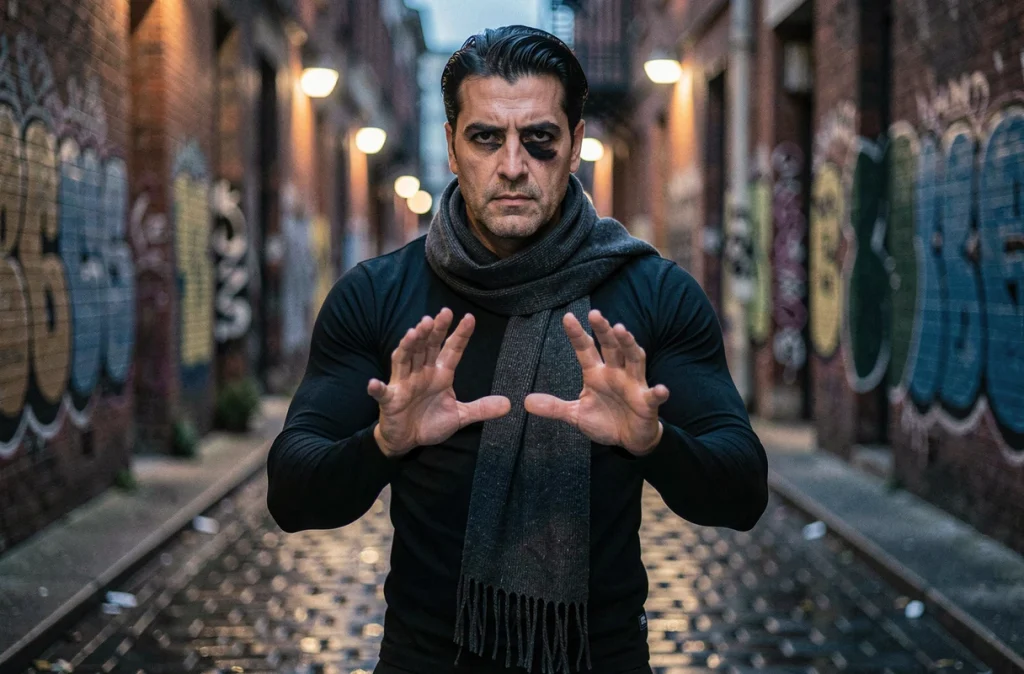 Entraîneur de combat en uniforme noir avec écharpe sombre en garde dans une ruelle urbaine pavée au crépuscule