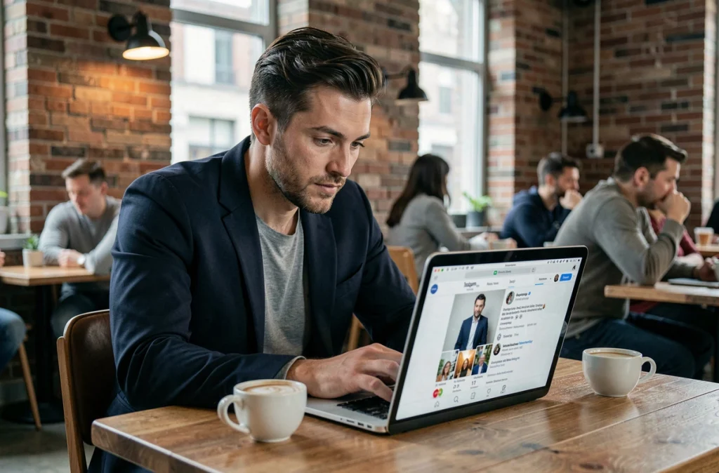 Homme consultant un profil Instagram sur ordinateur portable dans un café urbain moderne pour regarder des stories discrètement