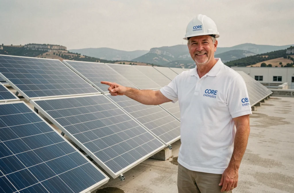 Consultant CORE Energies présentant une installation de panneaux solaires thermiques en Vaucluse