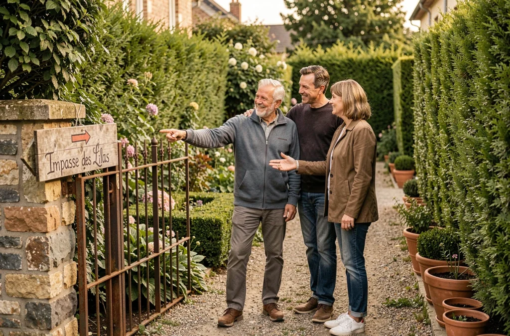 Couple de propriétaires indiquant la direction de l'impasse des Lilas avec un panneau directionnel sur leur clôture
