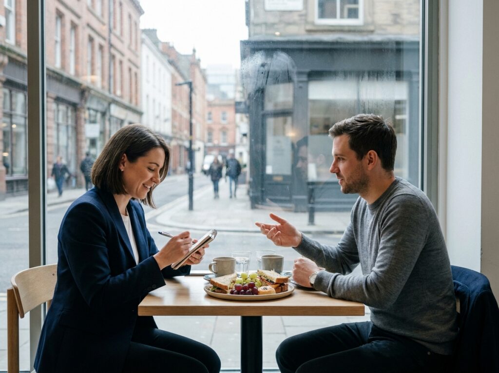 Deux collègues déjeunant ensemble dans un café lumineux avec vue sur la rue, prenant des notes lors d'un repas professionnel