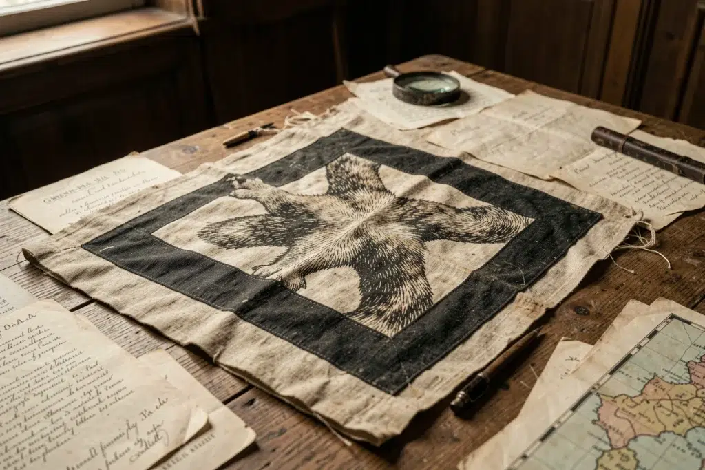 Détail du drapeau breton Gwenn-ha-Du ancien posé sur une table avec des documents historiques de recherche