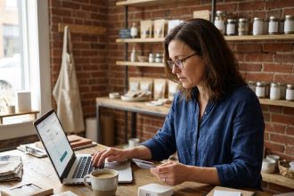 Dirigeante de petite entreprise effectuant un paiement en ligne sécurisé sur son ordinateur portable dans son bureau boutique