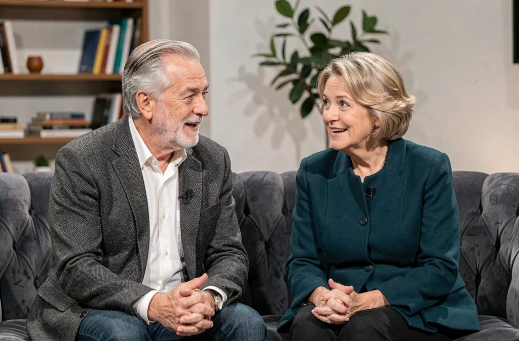 Deux présentateurs TV vétérans assis sur un canapé de plateau de talk-show français, en pleine conversation naturelle et détendue