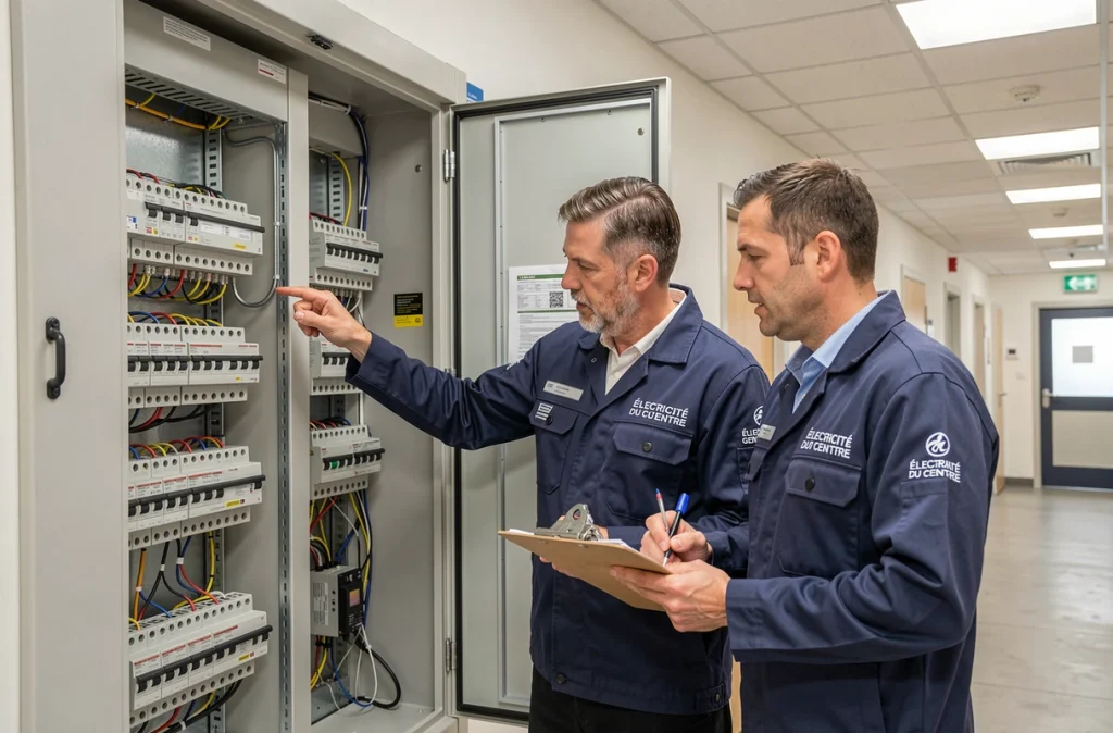 Équipe d'Électricité Générale du Centre travaillant sur un tableau de distribution commerciale à Montreuil