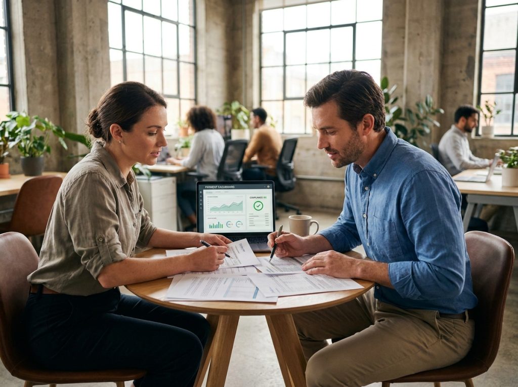 Deux entrepreneurs en PME analysant un tableau de bord de paiements en ligne et la conformité DSP2 dans un espace de coworking