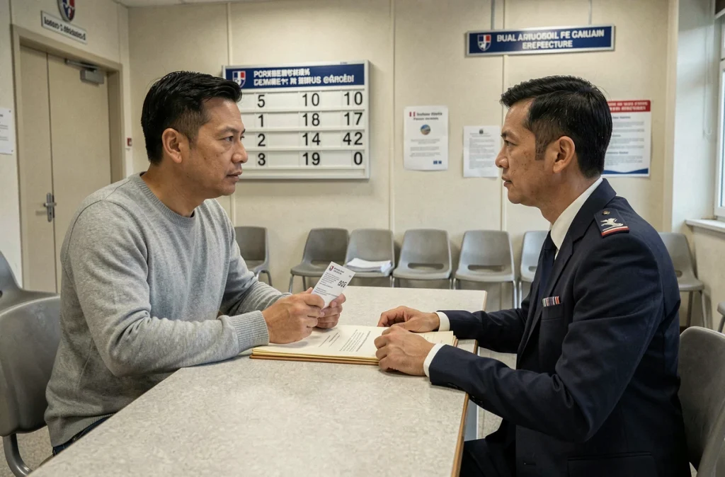 Homme d'origine asiatique lors d'un entretien de naturalisation dans une préfecture française