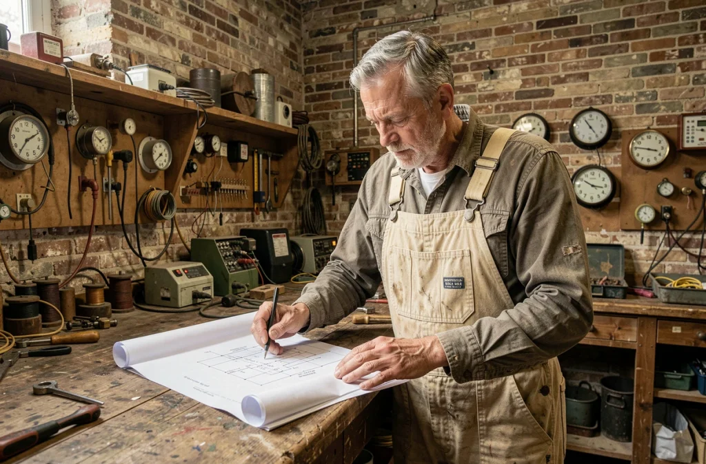 Électricien historique de l'Etablissement Thevenot consultant des plans techniques dans un atelier à Montreuil