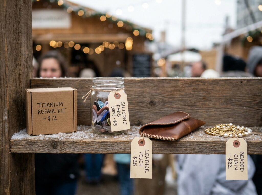 Étal de marché de Noël présentant des accessoires lunettes artisanaux : pochette en cuir, chaîne perlée, kit de réparation et plaquettes en silicone colorées