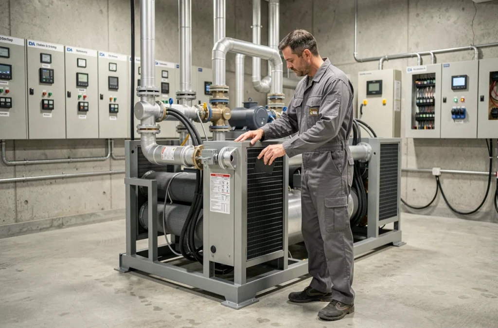 Spécialiste Etener SARL inspectant un équipement thermique et énergétique professionnel