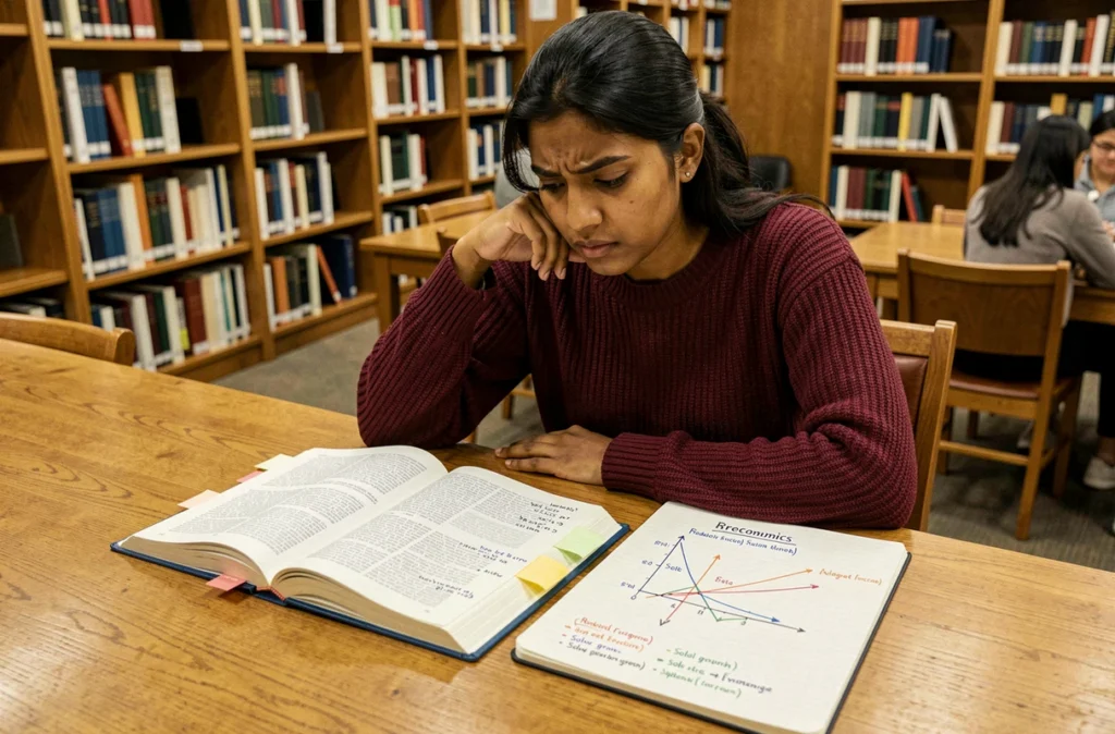 Étudiante en économie prenant des notes sur le modèle de Solow et le capital humain dans une bibliothèque universitaire avec manuels et cahiers annotés