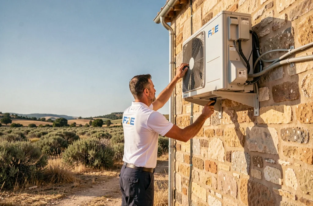 Technicien F2E intervenant sur une unité de climatisation et chauffage en Vaucluse