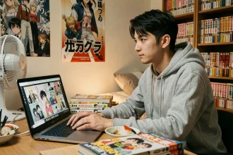 Fan de manga lisant One Piece en scan VF sur son ordinateur portable entouré de volumes manga et de sushis
