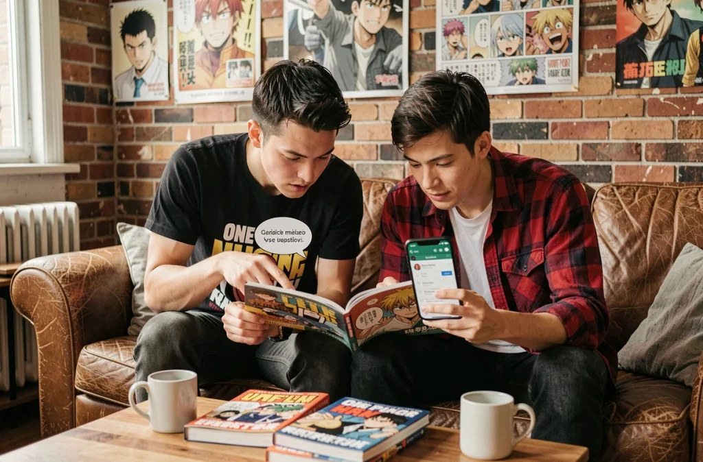 Deux fans de One Punch Man discutant des erreurs de traduction française du scan 290 sur un canapé