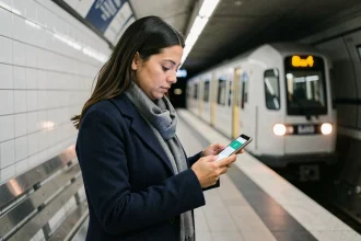 Femme consultant une alerte trafic RATP sur son smartphone dans le métro parisien