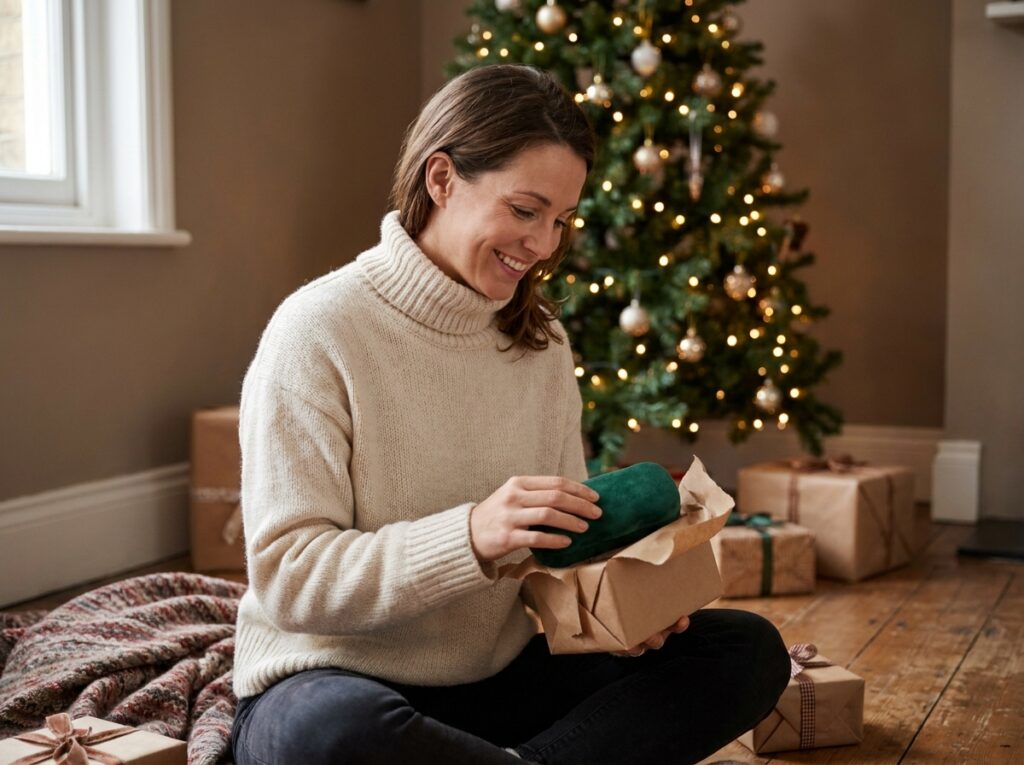 Jeune femme découvrant un étui à lunettes en velours vert sous le sapin de Noël, assise sur un parquet entouré de cadeaux