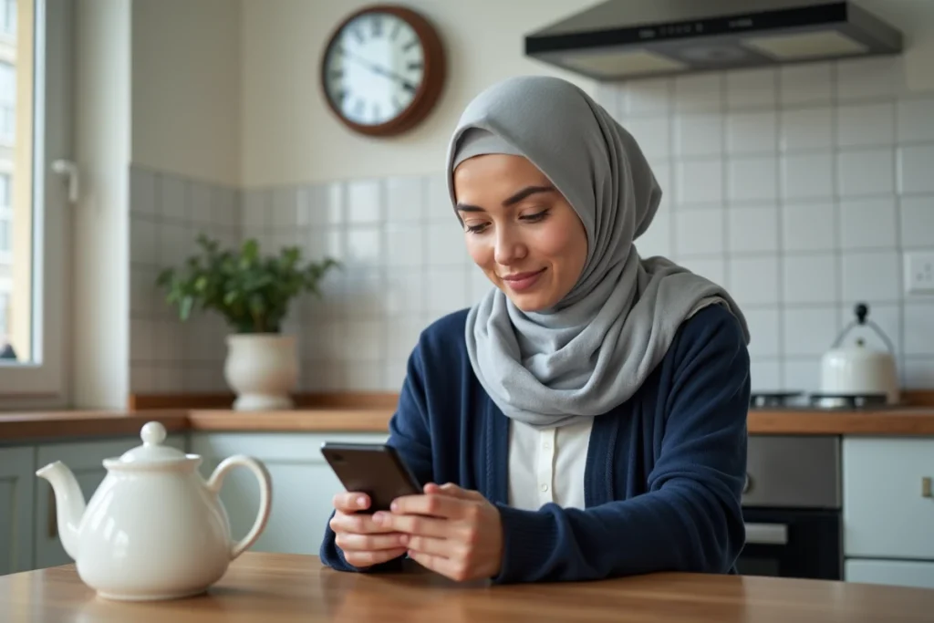 Femme voilée consultant les horaires de prière sur son téléphone dans une cuisine d'Argenteuil