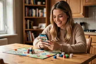 Jeune femme jouant à Monopoly Go sur smartphone avec des dés et pièces de jeu sur une table en bois