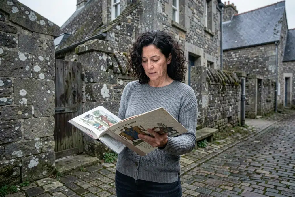 Femme consultant un livre sur l'héraldique bretonne devant une architecture en pierre typique de Bretagne