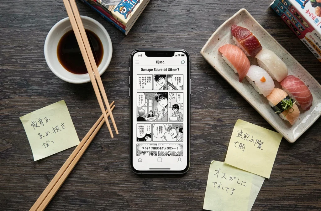 Vue aérienne d'un smartphone avec scan VF One Piece, sushis et volumes manga sur une table en bois sombre