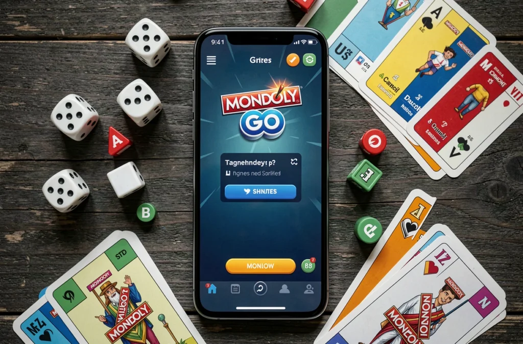 Vue de dessus d'un smartphone affichant Monopoly Go entouré de dés et de pièces de jeu sur une surface en bois sombre
