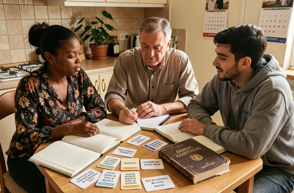 Groupe d'adultes étudiant ensemble les questions sur l'histoire et les valeurs civiques pour la naturalisation française