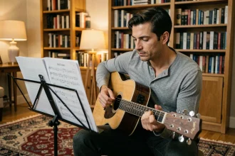 Guitariste adulte lisant une tablature guitare simplifiée sur un pupitre dans un salon chaleureux