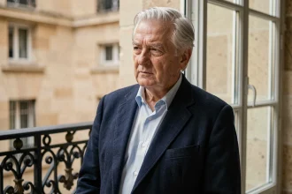 Portrait d'un homme âgé élégant en blazer marine devant une fenêtre donnant sur une cour parisienne, illustrant une figure familiale discrète au cœur de spéculations médiatiques