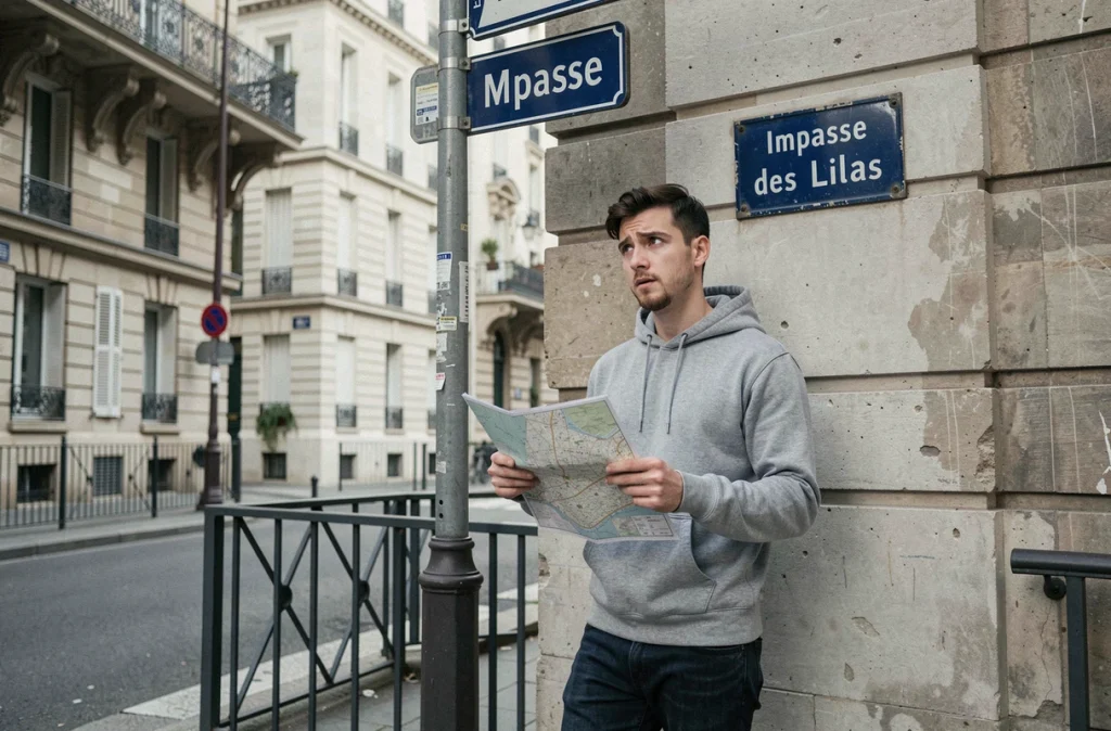 Homme consultant une carte à un carrefour de rue avec panneau d'impasse dans un quartier résidentiel français
