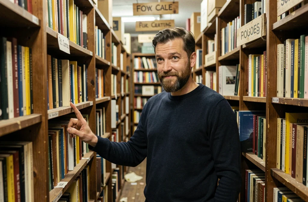 Homme parcourant des anthologies de poésie dans une librairie indépendante à la recherche d'inspiration pour des rimes en O