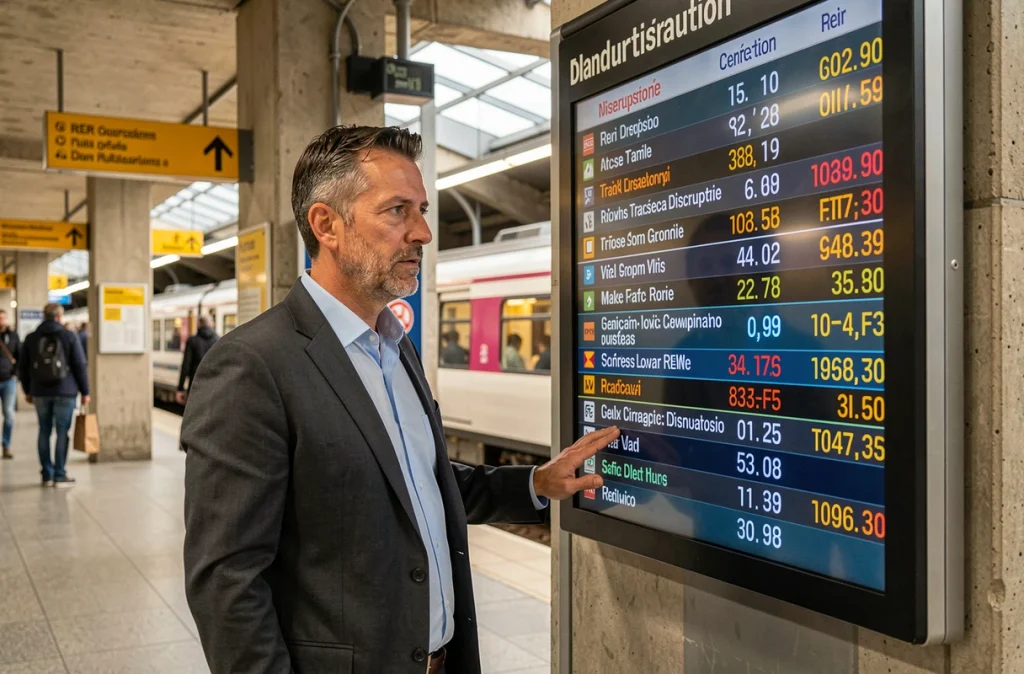 Homme consultant le panneau d'affichage des perturbations RATP dans une gare RER
