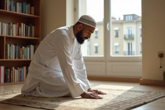 Homme musulman en djellaba blanche priant sur un tapis de prière dans un appartement d'Argenteuil avant l'heure de la salat