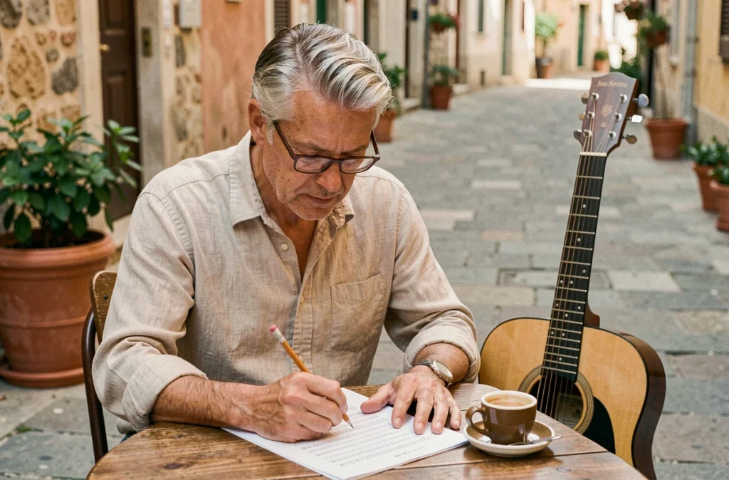 Homme d'une cinquantaine d'années annotant une tablature de guitare simplifiée en terrasse de café avec une guitare acoustique