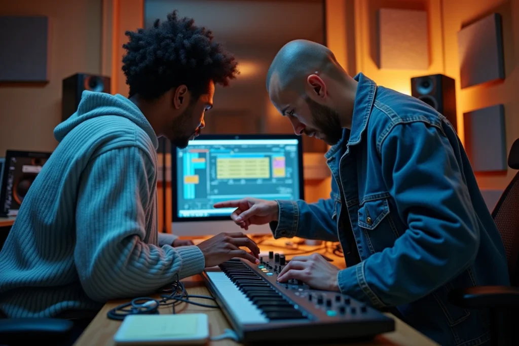 Deux membres de Hyphen Hyphen collaborant devant un clavier MIDI et un ordinateur portable dans un studio d'enregistrement professionnel, illustrant le processus de co-composition du groupe