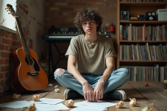Musicien androgyne entouré de feuilles de paroles manuscrites et d'une guitare acoustique dans un studio home fait de briques apparentes, illustrant le processus de composition de Hyphen Hyphen